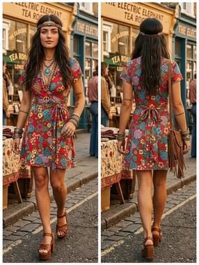 NWT Rebel Sugar L 70s Retro Hippie Boho Dopamine Psychadelic Surplice Mini Dress